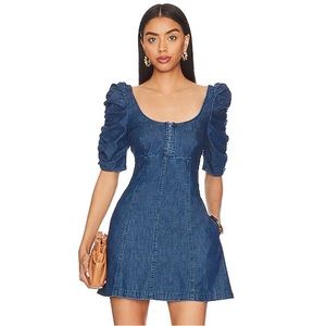 Free People Denim Cheyenne Mini Shirt Dress Front Short Sleeve Womens M